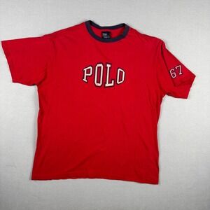 Polo Ralph Lauren Vintage Ringer T-Shirt Red Navy Blue Spellout 67 Mens Large